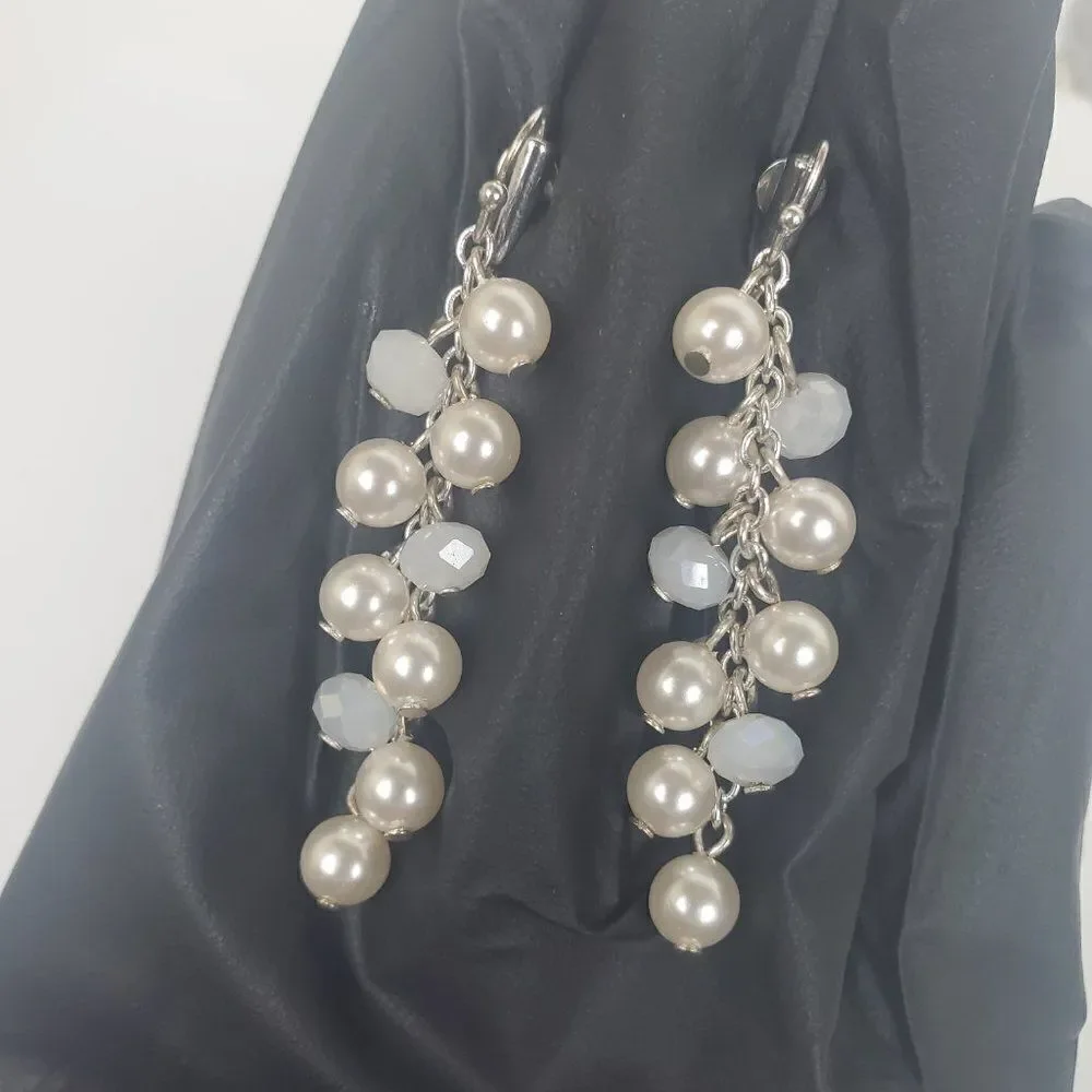 Vintage Faux Pearl Bead Opaque White Glass Silver Tone Dangle Drop Clip Earrings